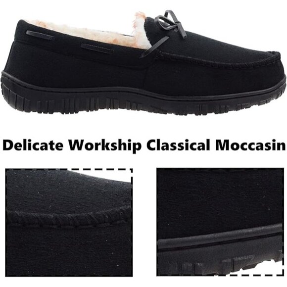 Moccasin Slippers Microsuede Upper Plush Lining Rubber Sole Black Mens Size 10 - Picture 7 of 11
